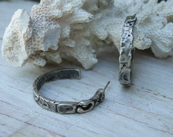 Reticulated sterling silver hoops,rustic,fused,oxidized artisan hand fabricated metalsmith earrings,one of a kind, unique,post hoop earrings