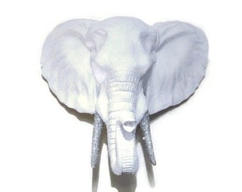 White Elephant Head Wall Mount with Silver Glitter Tusks Wall Mount - Faux Taxidermy EL0135
