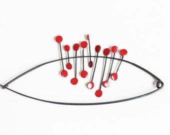 Shawl pin, Big silver black pin, safety pin, Black red shawl pin, Big black shawl pin, Contemporary jewelry, Great black pin, Big red brooch