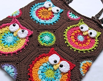 CROCHET PATTERN - Owl Tote'em - a colorful crochet owl tote pattern, colorful owl bag pattern, purse pattern w/ owls - Instant PDF Download