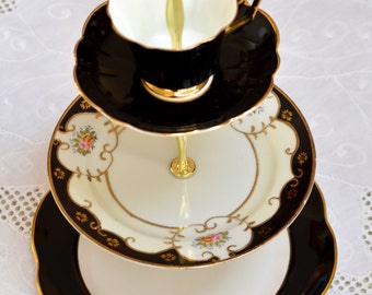 3 Tier Black and Gold Vintage China Tea Cake Stand Black and Gold for Weddings, Jewelry Display, Tea Parties, FREE shipping