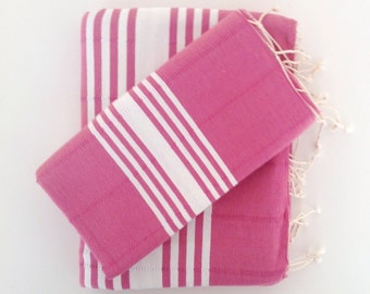 Turkish Towel and Head Towel Set, Natural Peshtemal and Peshkir set, Hammam, Mother's day gift, spa, yoga, bathroom, beach, pink,