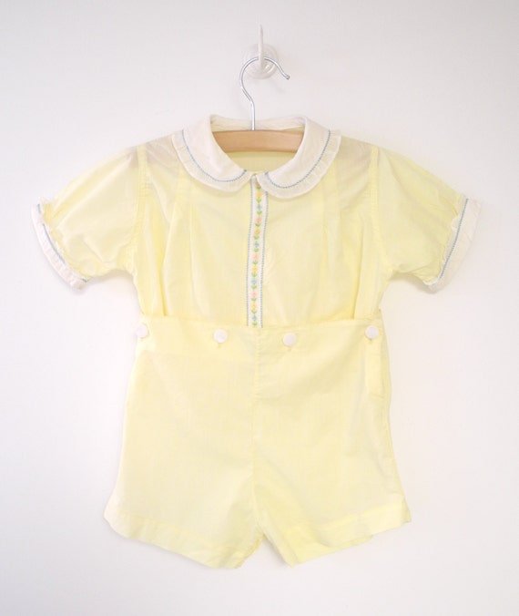 1940's Bright Yellow and White Baby Boy Romper by BabyTweeds