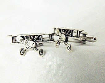 Mens Cufflinks, Silver Airplane Or Biplane Mens Accessories Handmade