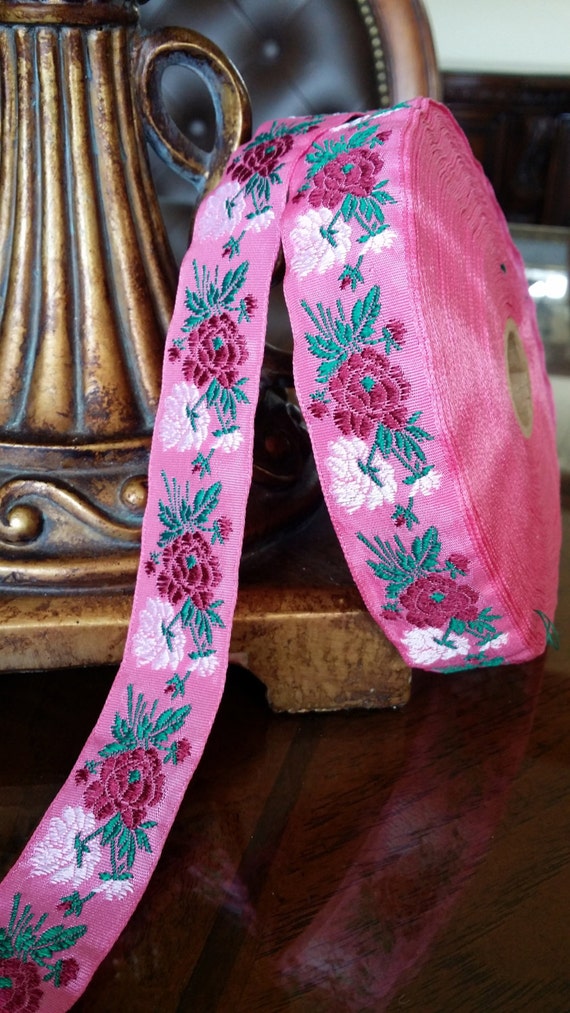1 Vintage French Pink Woven Ribbon Trim with Jacquard