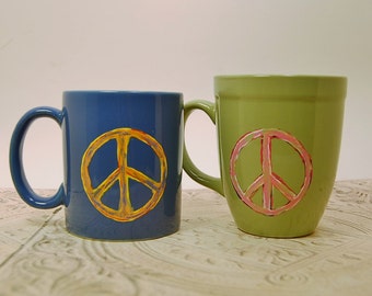 Peace Sign Mugs Chartreuse Azure Blue