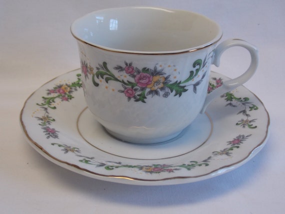 Ciera Fine China White Swirl Cup and Saucer set with Purple Roses and ...