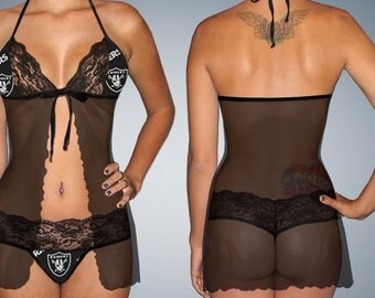 Handmade with NFL Oakland Raiders fabric with scalloped lace accent babydoll dress with matching G string panty lingerie set