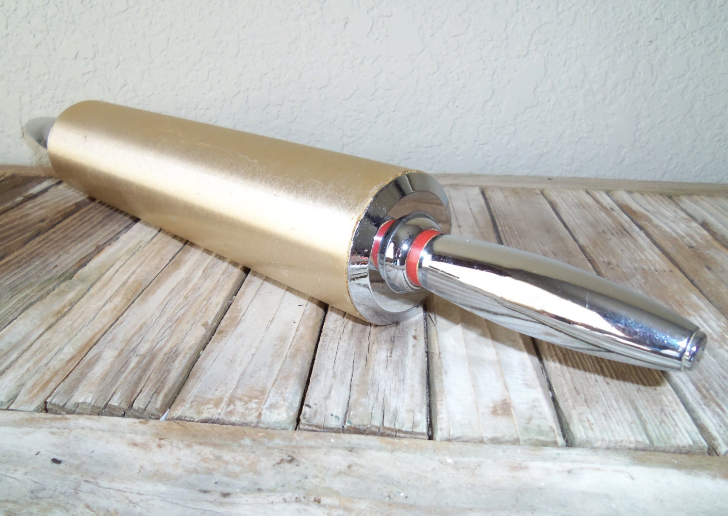 Vintage Metal Rolling Pin Retro Gold and Red