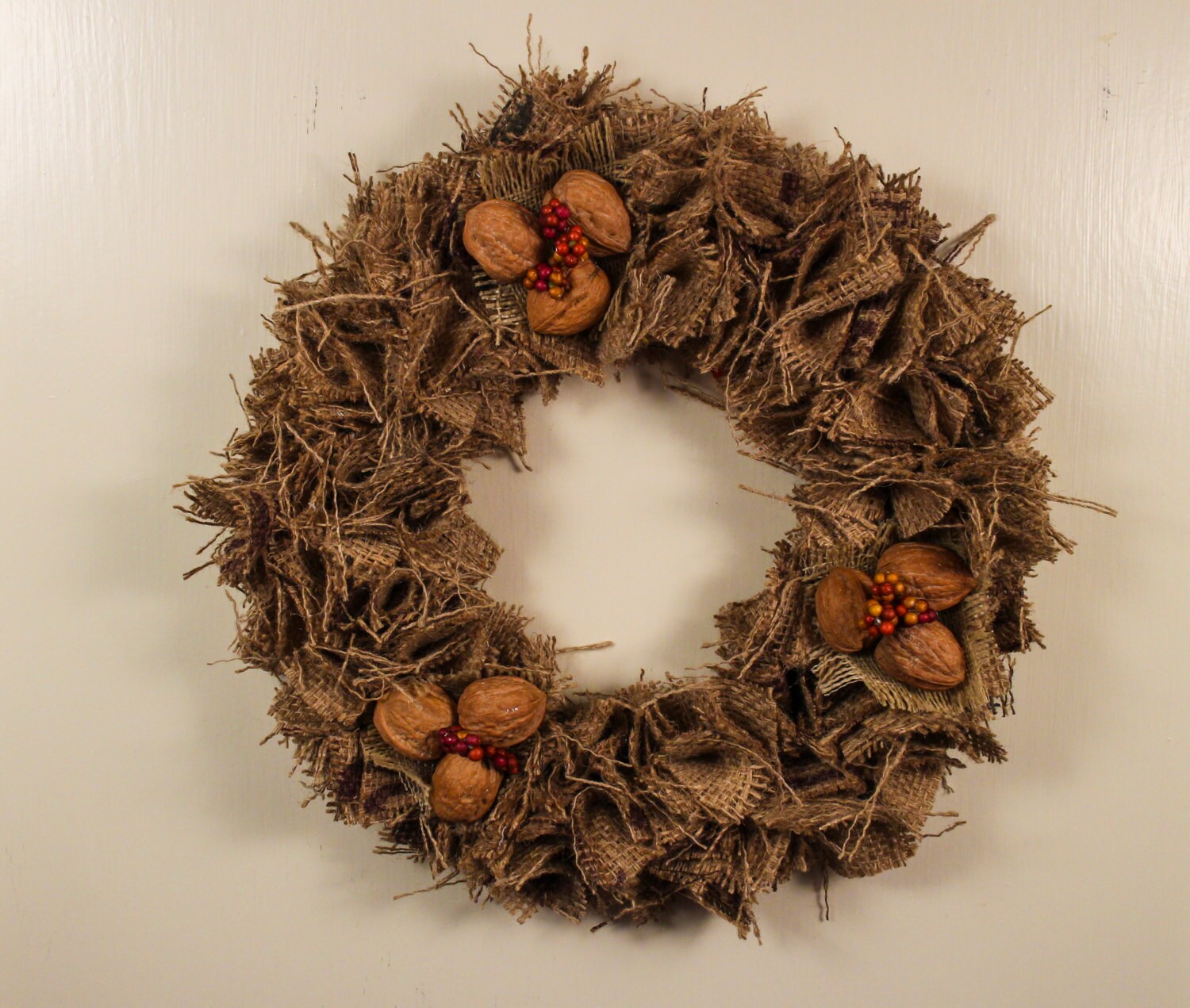 Fall Wreath // Upcycled Burlap Wreath // Nut Wreath // Holiday Wreath // Year Round Wreath // Burlap Wreath // Upcycled Burlap