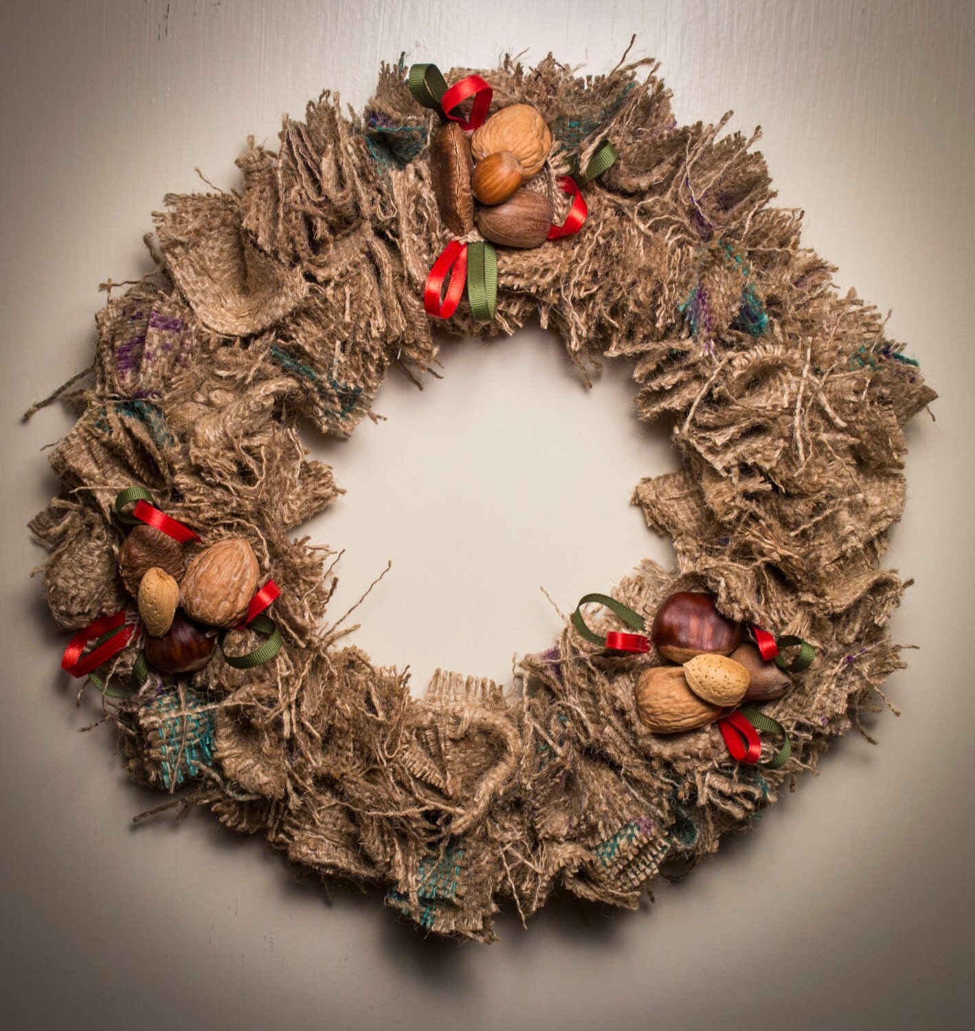 Nut Wreath // Christmas Wreath // Winter Wreath // Hanukkah Wreath // Upcycled Burlap Wreath // Holiday Wreath // Year Round Wreath