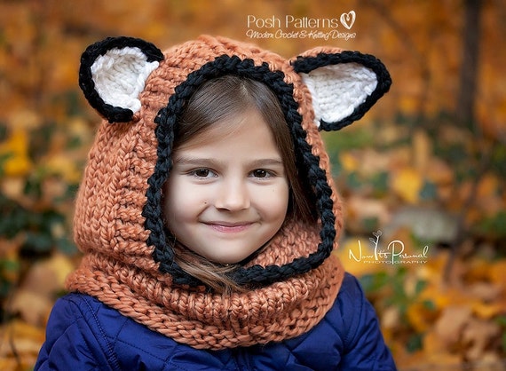 Knitting Pattern Fox Hooded Cowl Hooded Cowl by PoshPatterns