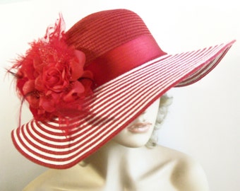 Wide Brim Red Hat White with Red and White Polka by GlitzOfFlorida