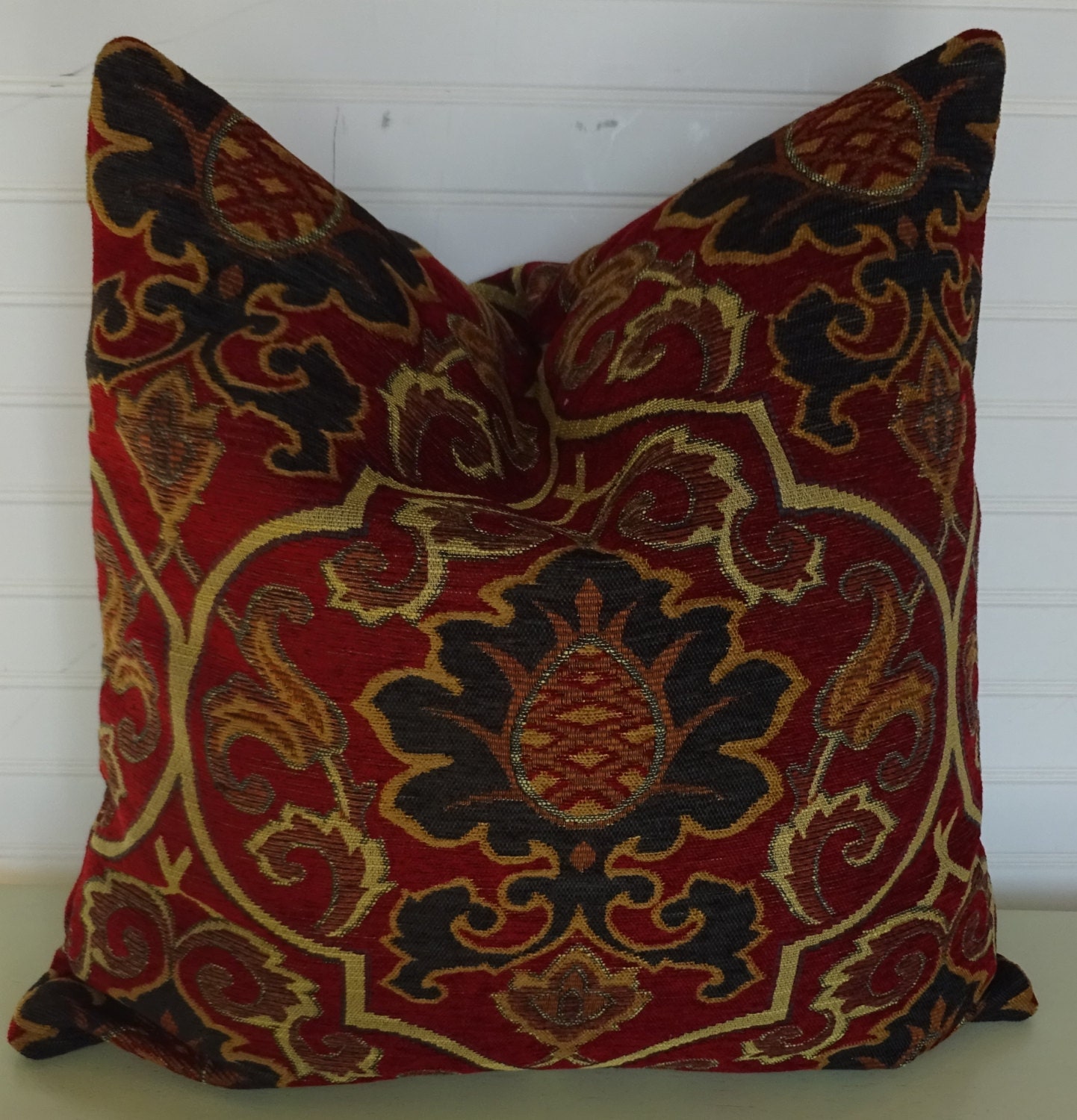 Red Chenille Pillow Cover with Navy and Sand Suzani 18x18 or
