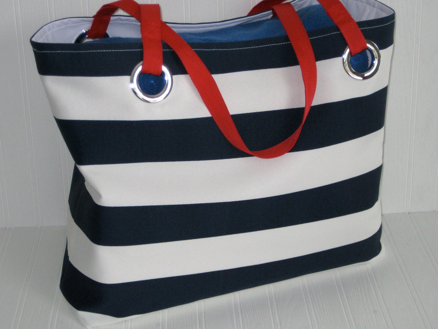 Monogram Nautical Beach Tote Navy Stripes Extra by maggieanns