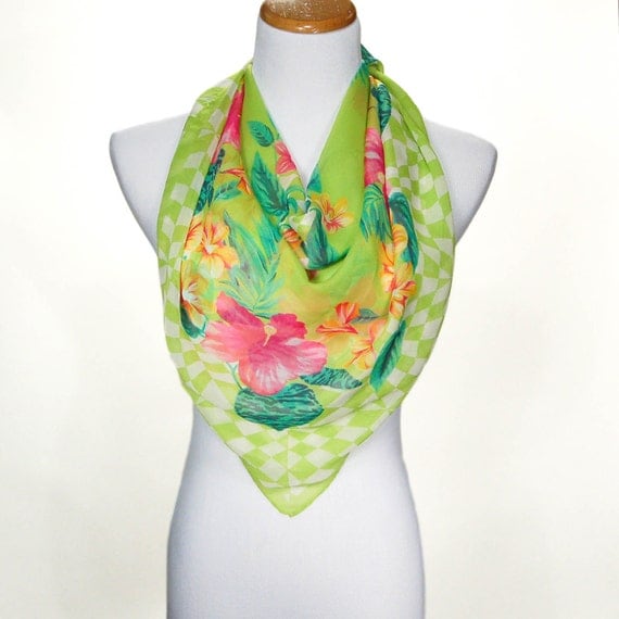 Pink and Green Tropical Silk Scarf Made In Italy Tropical