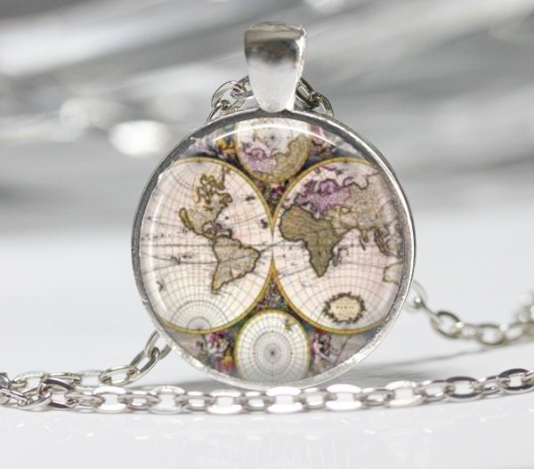 World Map Necklace Map Pendant Glass Jewelry Map Jewelry Map Necklace steampunk buy now online