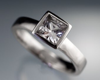Princess Cut White Sapphire Engagement Ring, Bezel Solitaire Ring in Palladium, Yellow Gold, Rose Gold or White Gold, Diamond Alternative