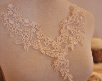 beaded lace applique, alencon applique for bridal, wedding , jewelry or costume design