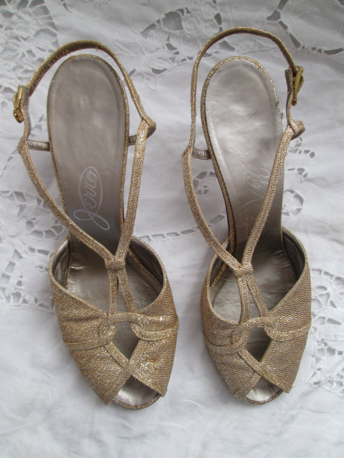 1950's Gold Lame Peep Toe Leathery Sling Ladies SHOE by