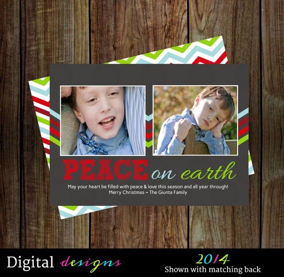 Peace on earth Christmas cards printed -- Modern holiday photo cards red and green digital file, printable Il_570xn
