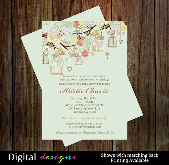 Girls Baby Shower Invitations mint and coral -- bird cage shabby chic digital file, printable Il_570xn