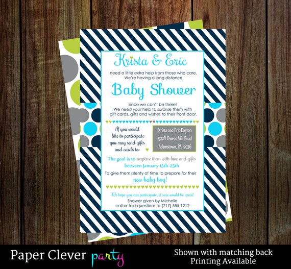 Baby Boy Long Distance Shower Invitations Classic Navy Stripe in Aqua, Lime and Gray skype