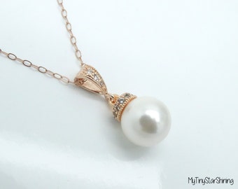 WHITE Pearl Necklace ROSE GOLD Pearl Necklace 14k rose gold filled Necklace Bridesmaid Gift Single pearl Necklace Wedding Jewelry Pearl