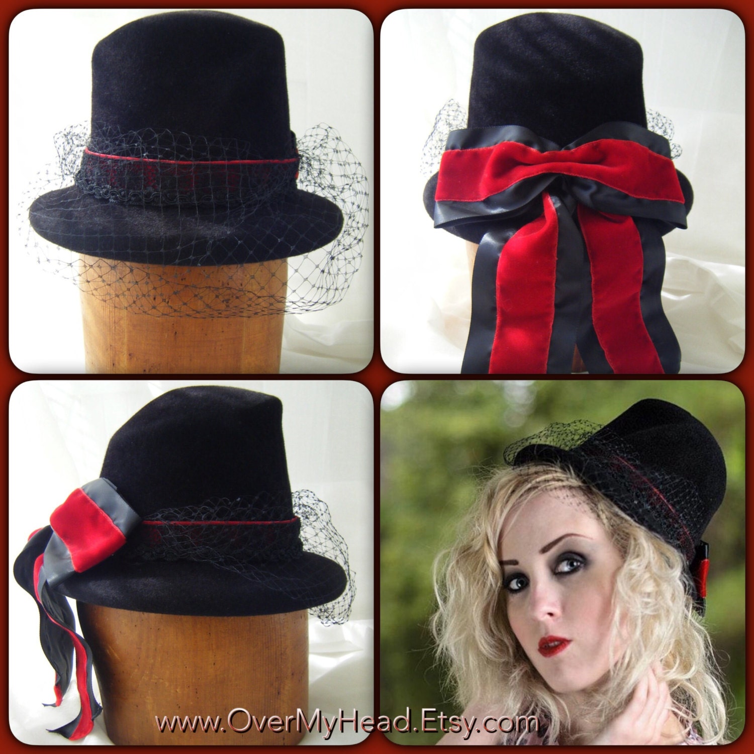 Racing Fashion Victorian Riding Hat with Black Red Bow Veil