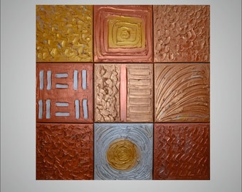 Original Modern Abstract Painting Heavy Texture Impasto Acrylic Painting gold, bronze, copper, by Carola, 9 piece 12"x12"