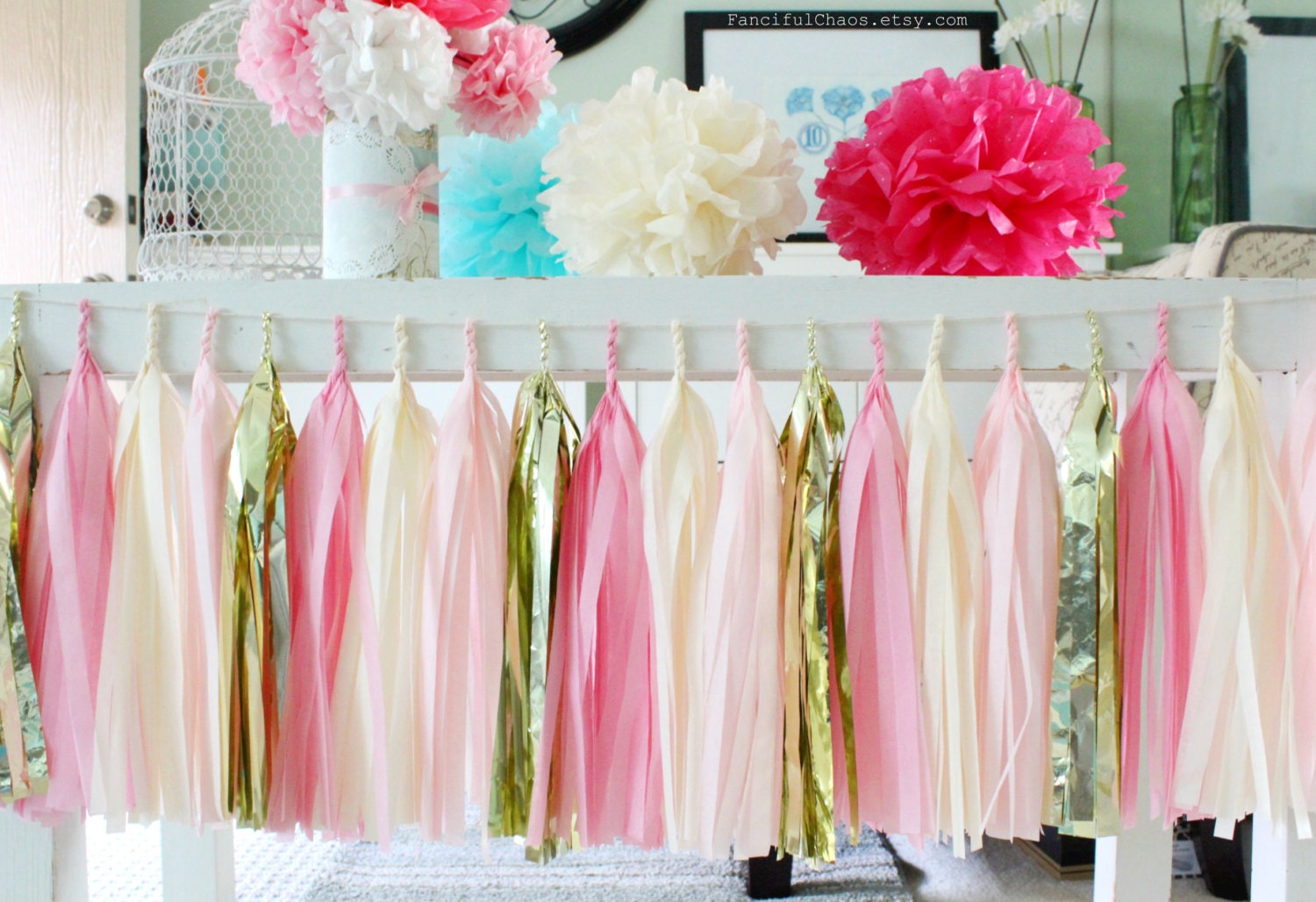 pom gold pom garland Tissue and Paper by Pink Cream Tassel FancifulChaos Gold Garland