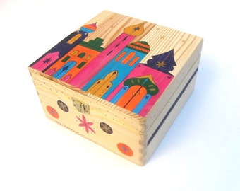 Large hand-painted keepsake box, Memory box, Wooden trinket box with Moroccan town inspired design.