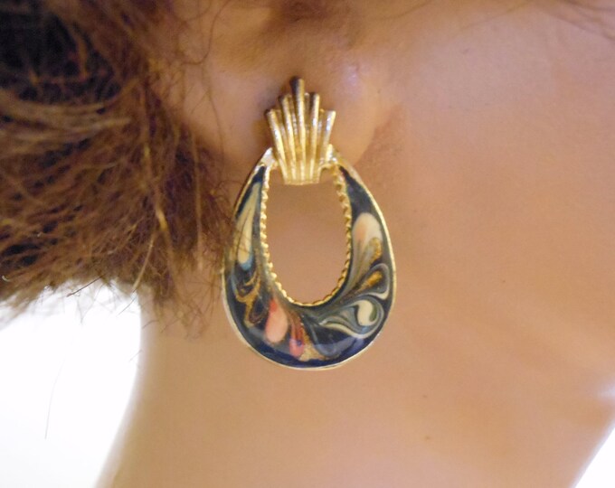 Blue enamel earrings, swirl iridescent oval pierced earrings gold plate.
