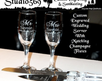 Personalized Wedding Party Cake Knife Server Set Faux Crystal Handle Rhinestone Accents with Matching Engraved Champagne Flutes