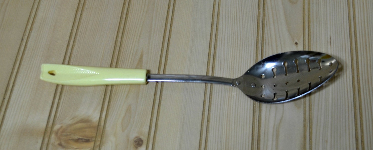 Vintage Slotted Spoon Ekco Serving Curved Yellow Handle Chromium Plated