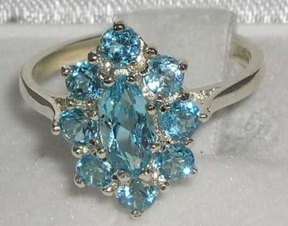 Solid 9K White Gold Genuine Marquise Blue Topaz Engagement