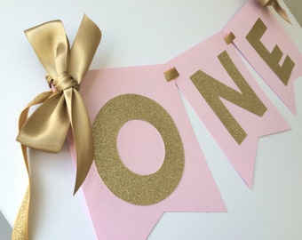 Pink and Gold HIGH CHAIR Banner. First Birthday Decorations. ONE High Chair Banner. Pink and Gold Party. Age Banner