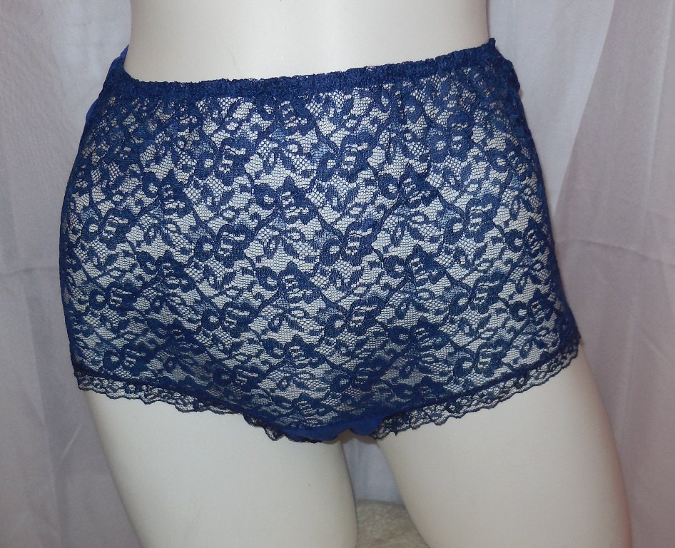 Unworn Vintage 1960s Nylon Panties Navy Blue Lace Sheer Nylon