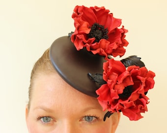 Leather cocktail hat with red poppy, races leather hat, mini leather beret, leather fascinator, red leather poppy headpiece