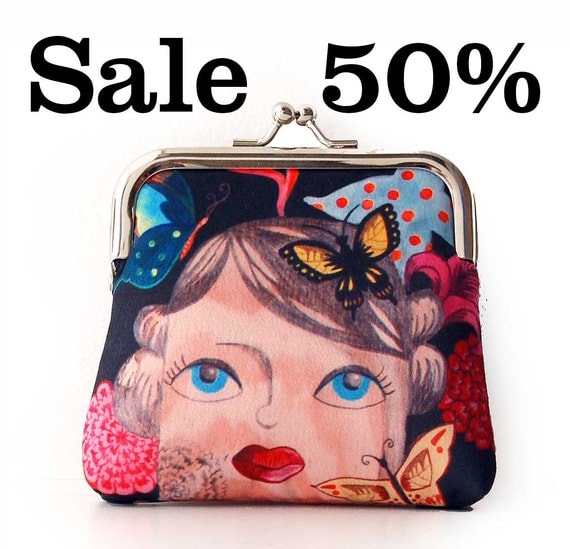 Sale, Coin purse, Thoughts, illustrated, butterfly flower theme, retro, rockabilly, pinup, Saint-Valentine