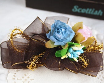 2way hairclip brooch flower bow headpiece blue gold fascinator lace cottage chic floral lace ribbon prom accessory wedding bridal