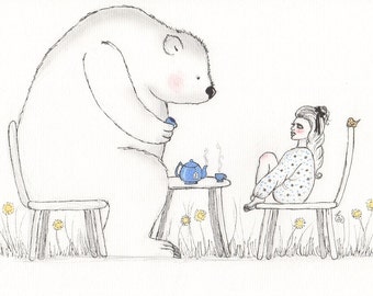 Art print, enchanted forest, whimsical animal art, bear drawing, girl nursery art, girl illustration