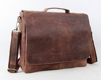 15'' Handmade Leather Messenger Bag, Shoulder Bag, Laptop Bag, Vintage ...