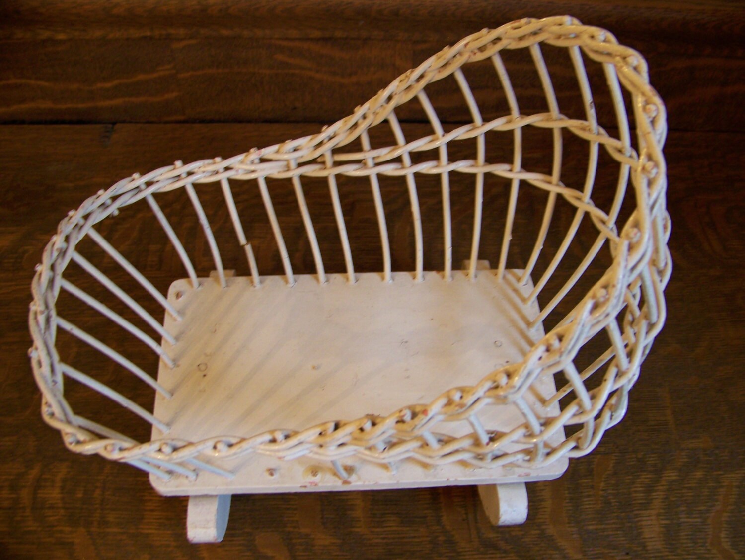 Antique Shabby Chic White Wicker Doll Cradle. Wooden Doll Cradle