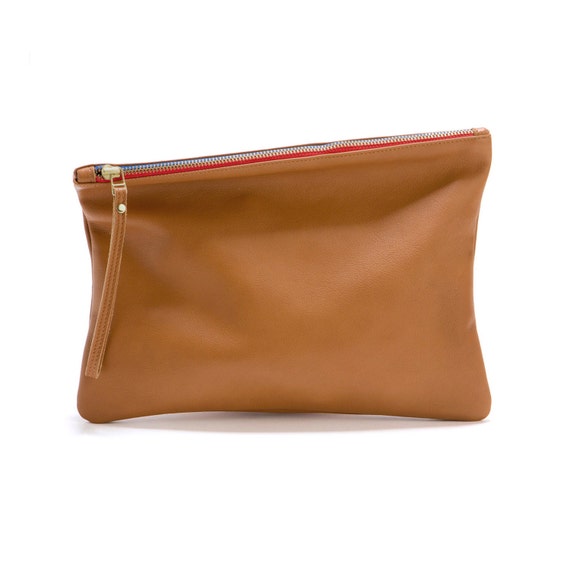 Brown leather clutch, evening bag, foldover clutch