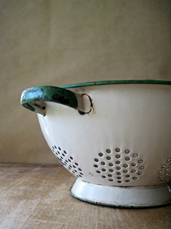 Antique Cream and Green Enamel Colander