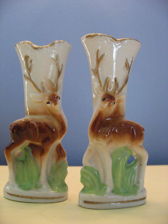vintage pair deer vase ceramic porcelain bisque by normalmix