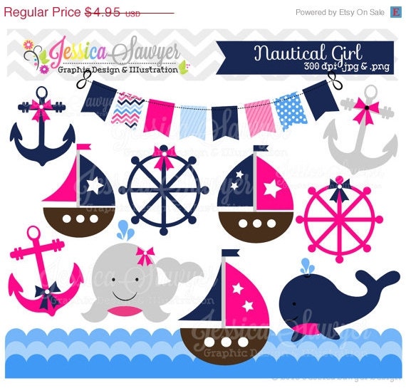 80% OFF - INSTANT DOWNLOAD, baby girl sailing clip art, whale clipart, sail boat, nautical vector, commercial use for invitations, announcem Il_570xn
