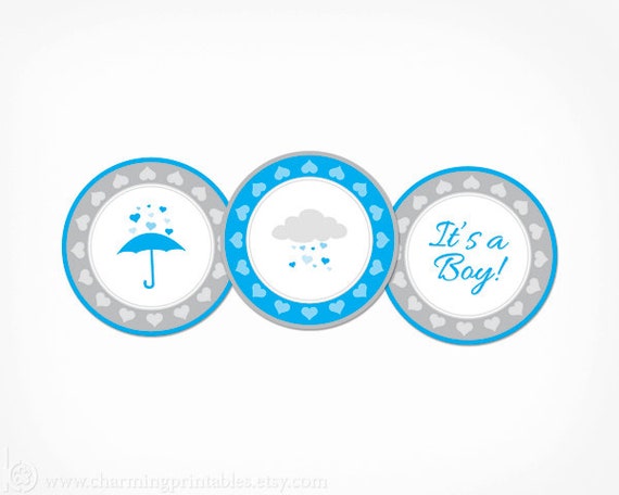Its a Boy Cupcake Toppers - INSTANT DOWNLOAD Printable PDF File - Blue and Grey Baby Shower Rain Shower Party Circle Favor Tag Label Sticker Il_570xn