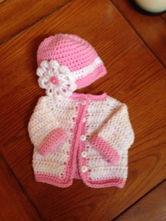 Items similar to Baby Sweater with hat, White and Pink Crocheted